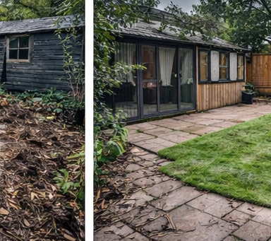 A boundary lost to running bamboo returned to usable garden space in a single works programme. Before and after view of a bamboo-infested boundary transformed into a usable garden cabin area