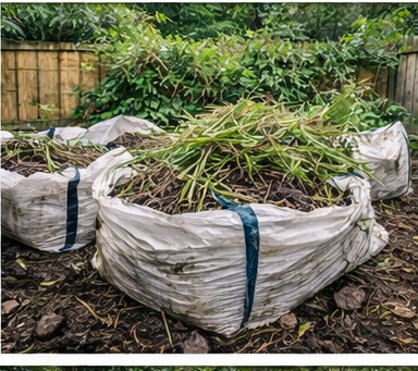 Arisings leave under a waste transfer note with a registered carrier to a licensed receiving site. Bulk bags of excavated bamboo waste prepared for licensed off-site disposal