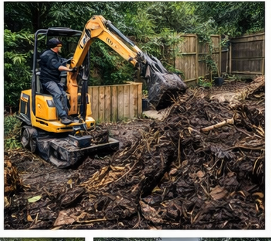 Mini-excavator strips the full rhizome mat; hand digging alone leaves fragments that regrow within one season. Mini-excavator lifting an established bamboo rhizome mat out of a UK garden border