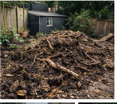 Every rhizome node is removed and sheeted to prevent fragments being tracked back across the garden. Excavated bamboo rhizomes piled on sheeting ready for licensed disposal