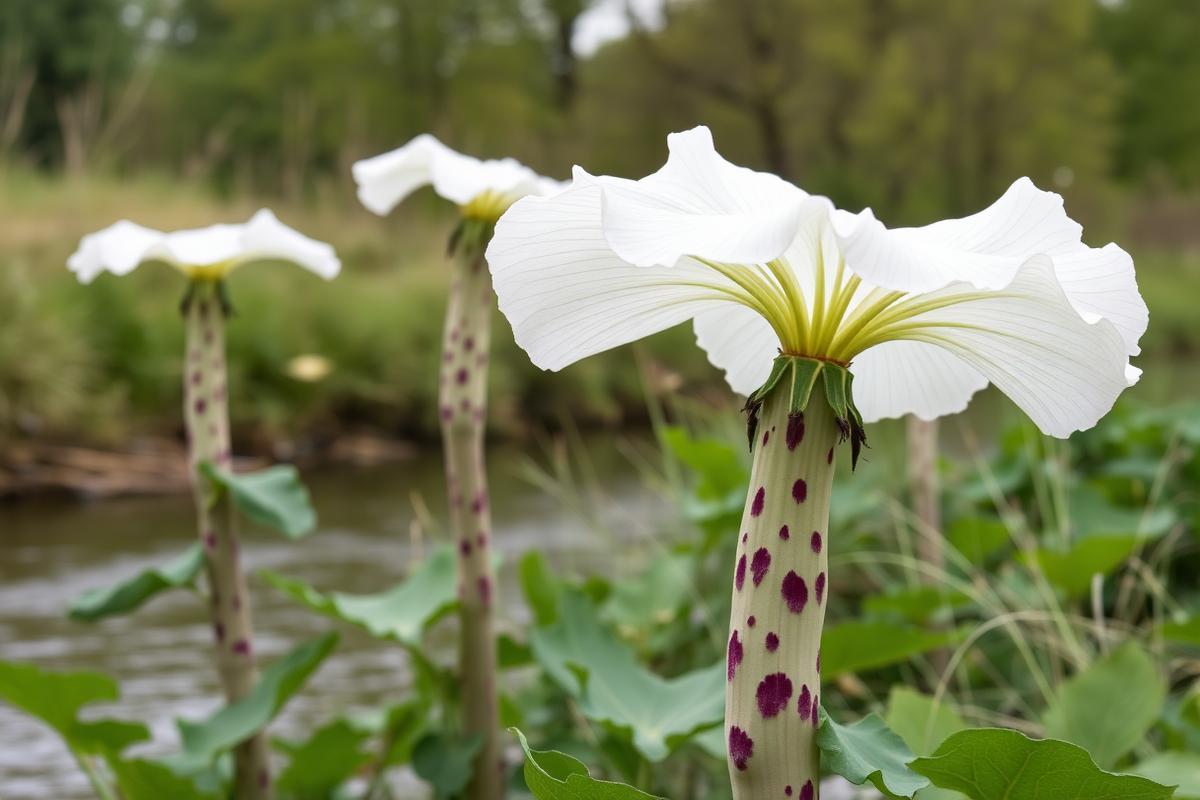 Giant hogweed sap causes severe phototoxic burns. Public-access sites are cordoned and signed before any control work starts. Giant hogweed with large umbrella flower heads on a riverbank