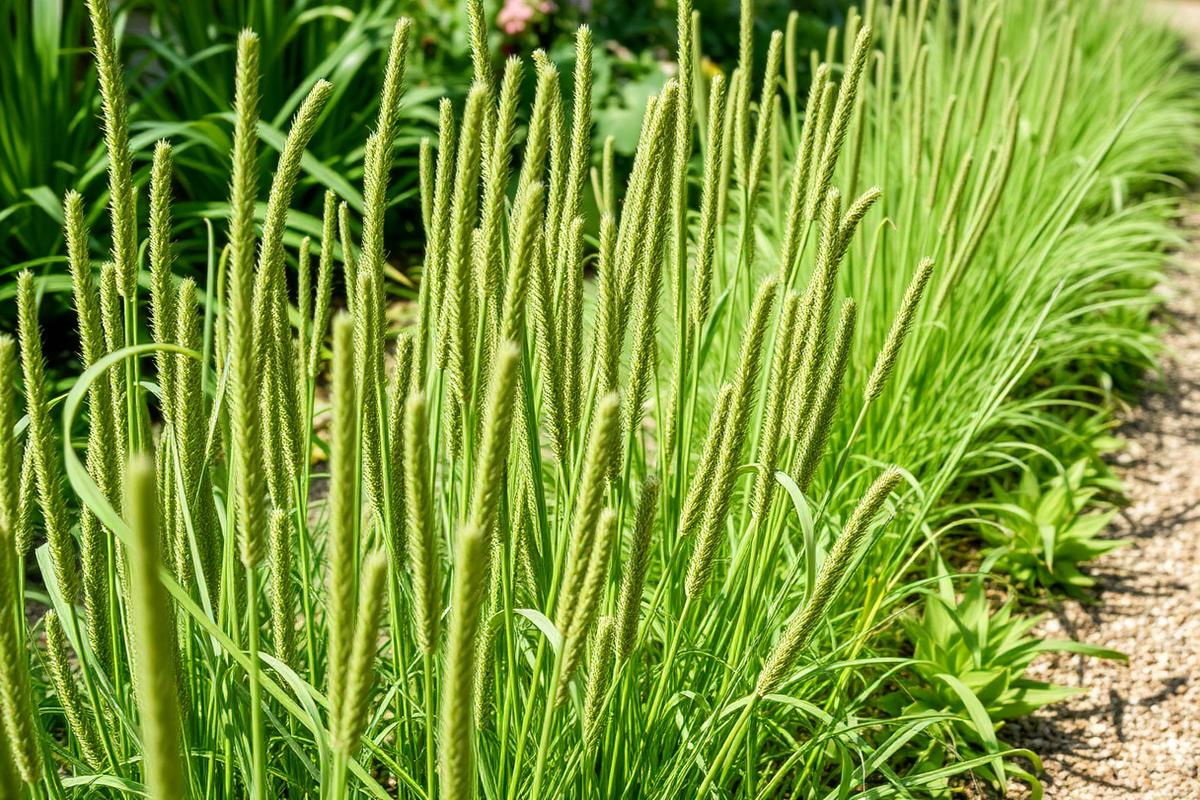 Marestail horsetail shoots growing through a planted garden border