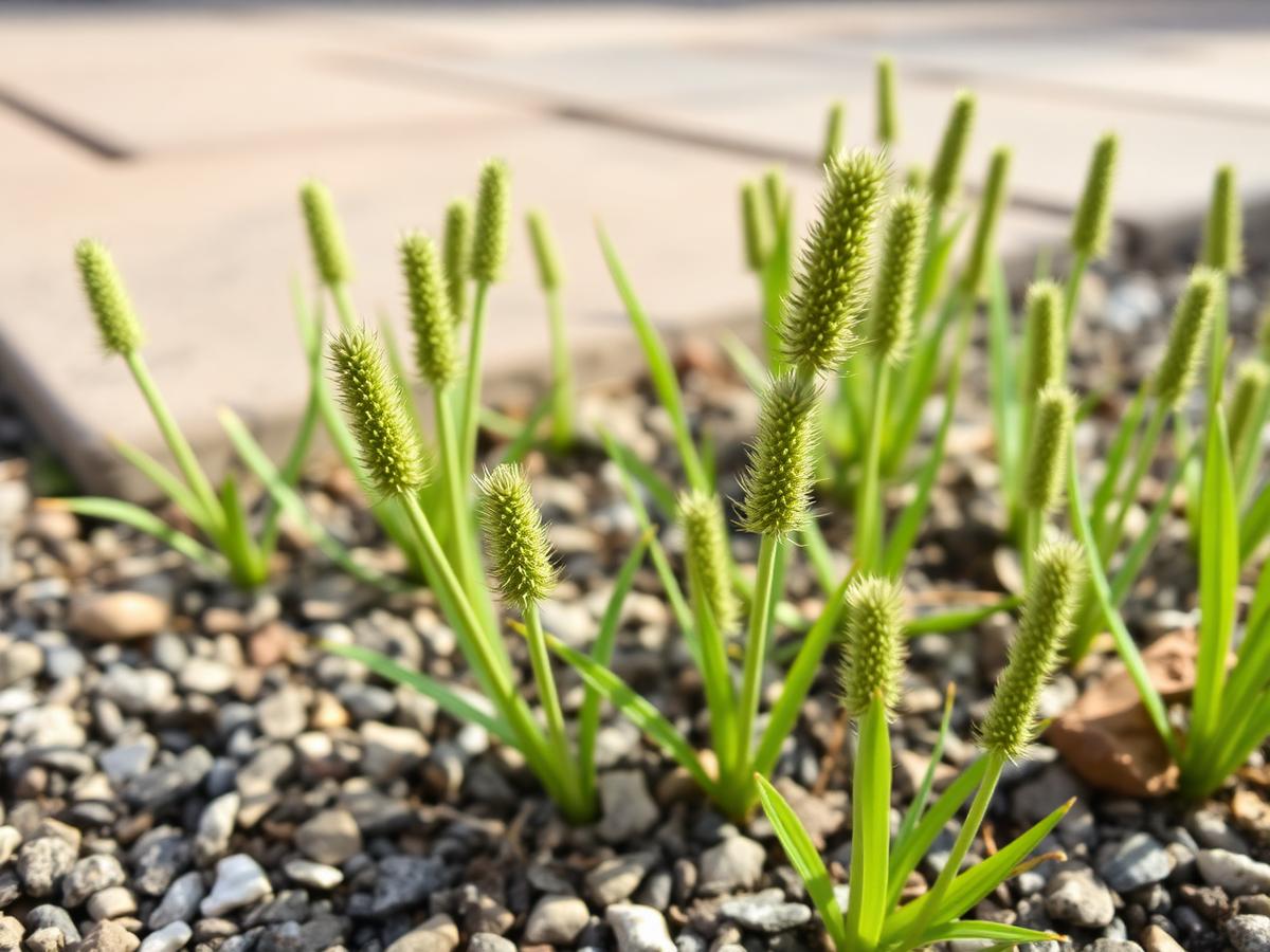 Marestail shoots pushing up through gravel and paving joints