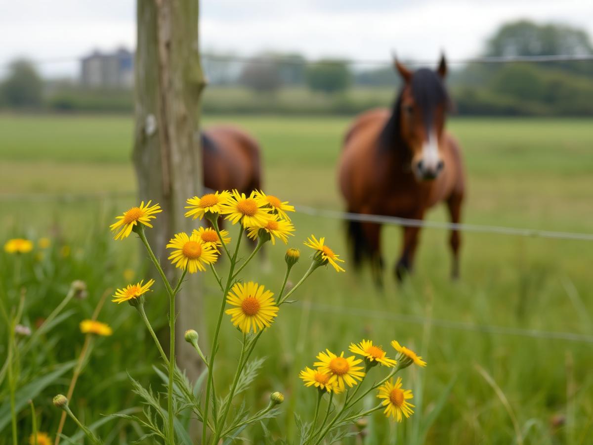 Yellow ragwort flowers growing in a grazing paddock with a horse in the background