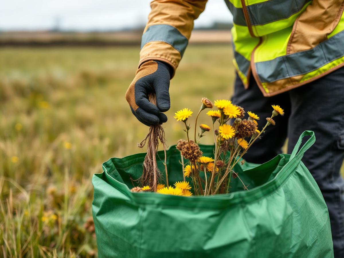 Worker in gloves and hi-vis placing pulled ragwort plants into a green waste sack